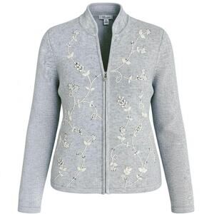 The Tog Shop Gray Floral Embroidered Zip Cardigan Pearl Pull L Cottagecore